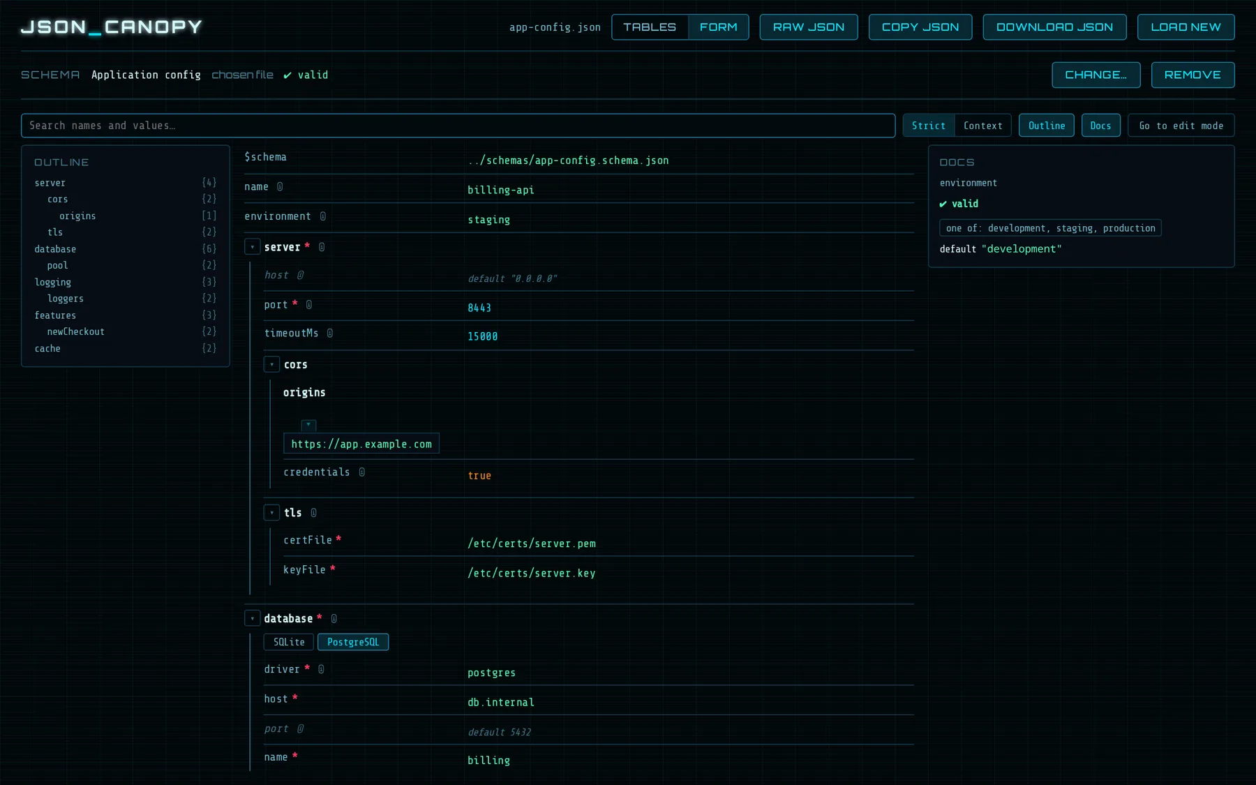 JSON Canopy showing a configuration file as a form, with an outline on the left and schema docs on the right