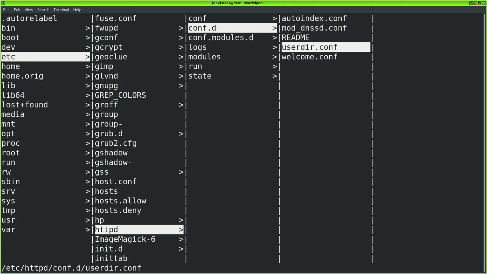 lyon showing /etc, /etc/httpd and /etc/httpd/conf.d in side-by-side columns